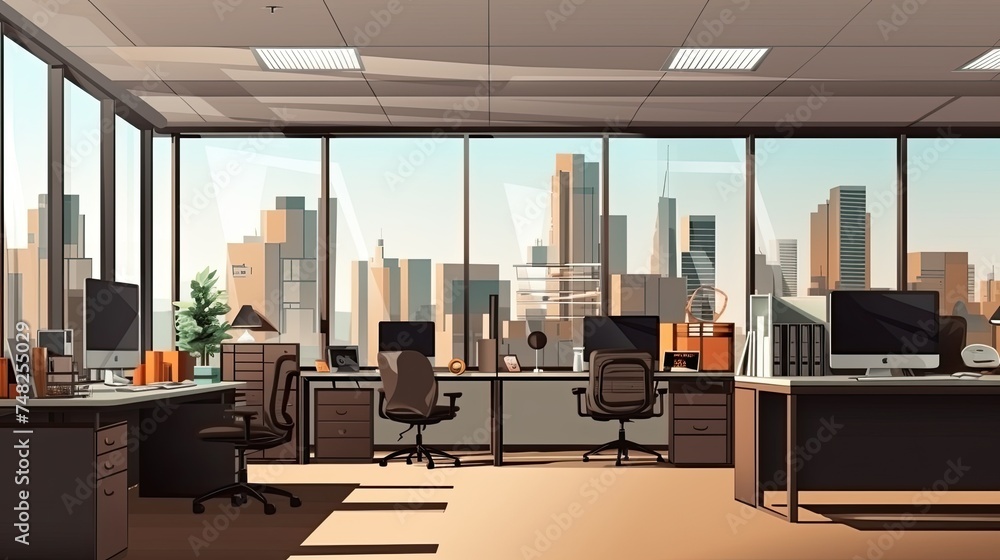The room is bathed in sunlight. The large windows offer a stunning view of the city skyline.
