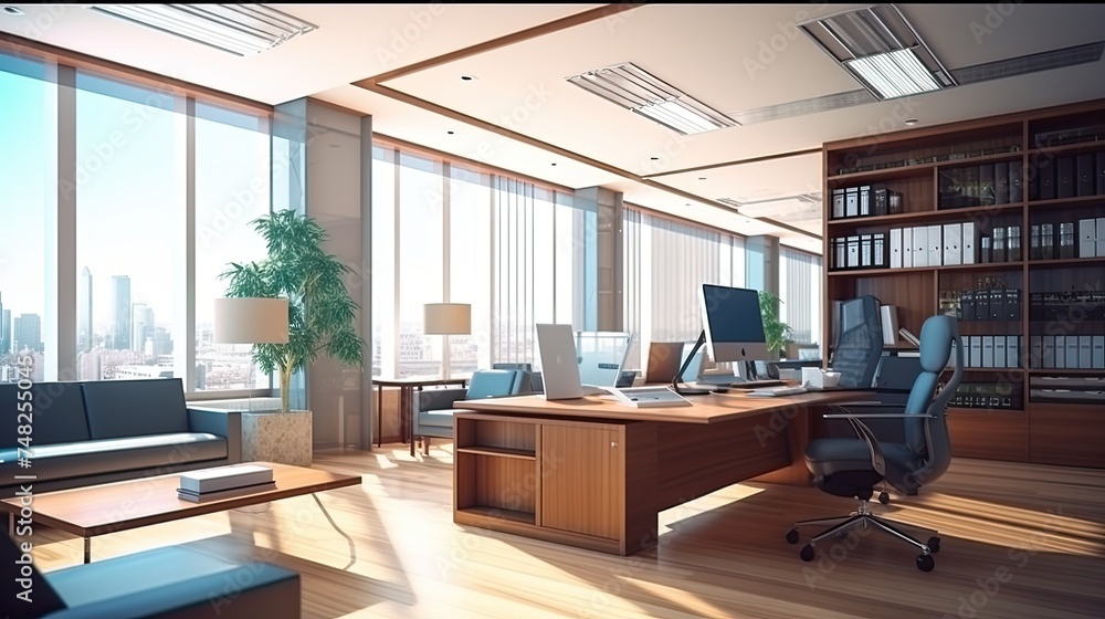 A modern office with a large desk, comfortable chairs, and a beautiful view of the city.