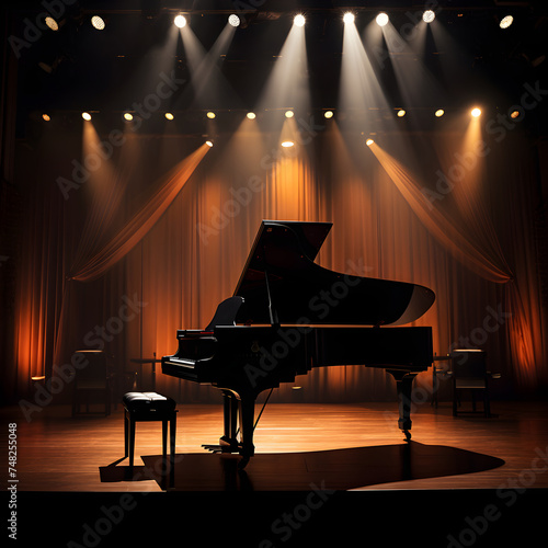 Grand Piano Spotlighted on Concert Hall Stage Awaiting Acoustic Performance.