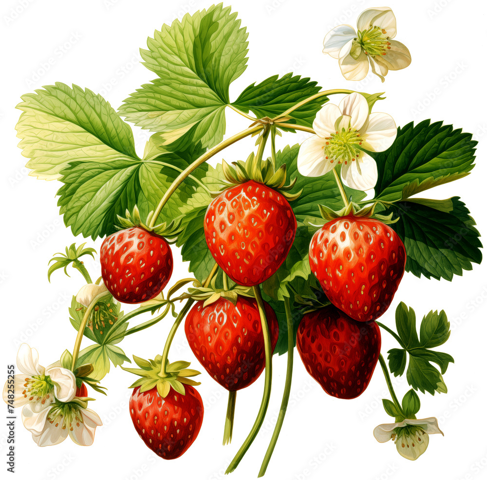 ripe Strawberries with stems and leaves in a side view PNG, in botanical art, fresh fruit-themed, isolated, and transparent photorealistic illustration. Generative ai ripe Strawberries with stems and leaves in a side view PNG, in botanical art, fresh fruit-themed, isolated, and transparent photorealistic illustration. Generative ai