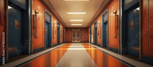 A long corridor featuring vibrant orange walls and numerous blue doors  creating a striking visual contrast. The hallway stretches into the distance 