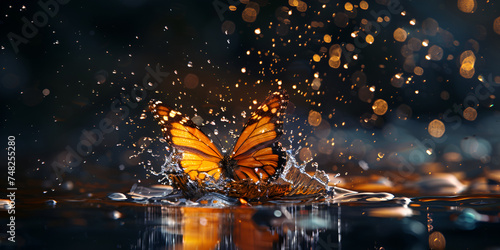  Butterfly Nature Designs with splashing out of water  A surreal scene of a butterfly garden at night, with bioluminescent butterflies fluttering around luminous flowers and water and sparkles backgro photo