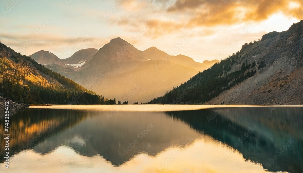 Mountain Majesty: Witness the Tranquil Beauty of a High Altitude Lake, Awash in the Gentle Glow of Dawn's First Light, Creating a Symphony of Reflection and Harmony. Generative AI