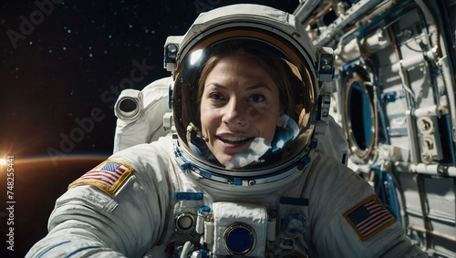 A Beautiful Woman on Her First Spacewalk at an International Space Station, Empowered Female Astronaut Communicating with Crew Members, Excited to See Planet Earth from Outer Space © Tehmas