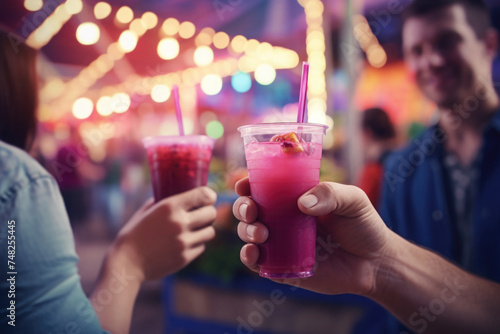 Friends toasting with vibrant fruit smoothies amidst the lively atmosphere of a street festival, illuminated by twinkling lights