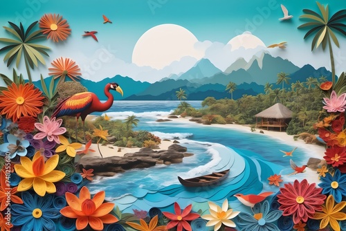 Colorful wildlife, flora and fauna in paper art style, inspired by quilling and scrapbooking, promoting nature conservation, perfect for design use with side view