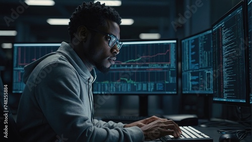 Computer programmer working on a laptop in office
