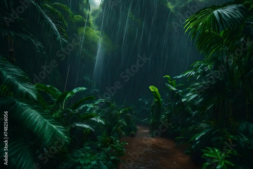 a jungle in the midst of a rainstorm