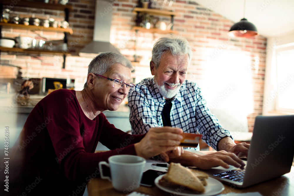 Smiling senior couple using credit card on laptop at home Smiling senior couple using credit card on laptop at home