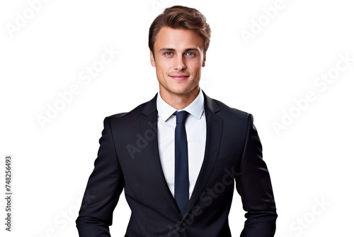 Studio portrait of handsome Caucasian Americana businessman wear formal suit and necktie with a beautiful smiling isolated on transparent png background, CEO manager with smart look.