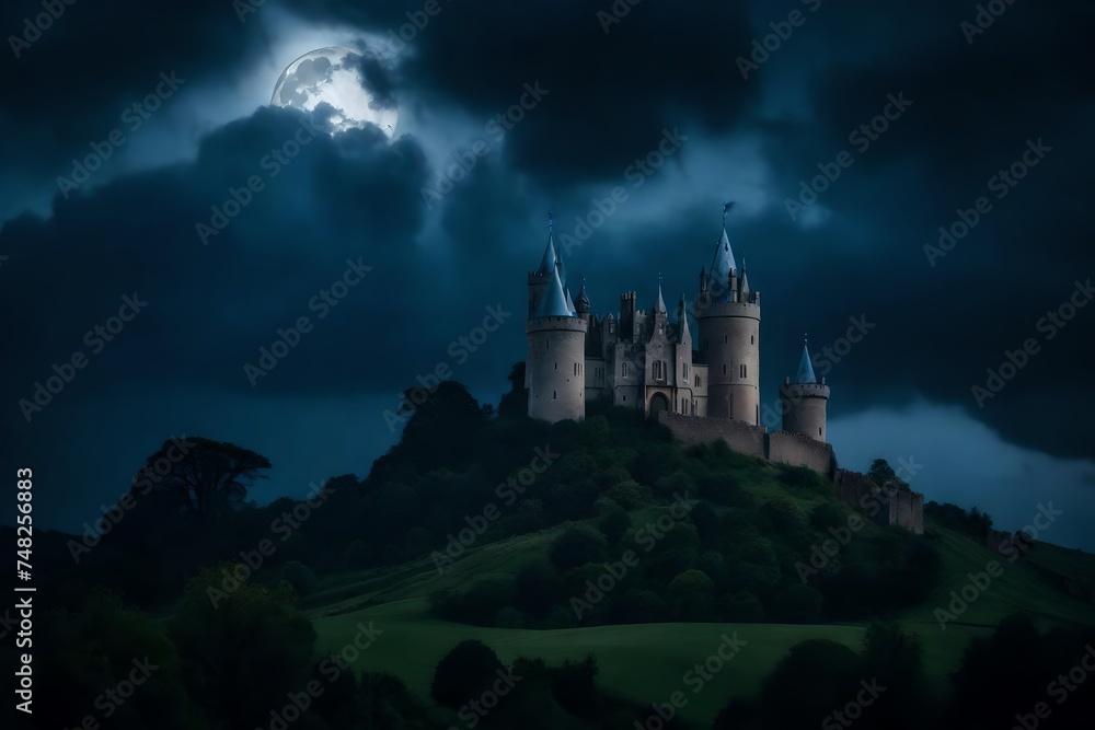 Gothic castle on a hill, under a moonlit,