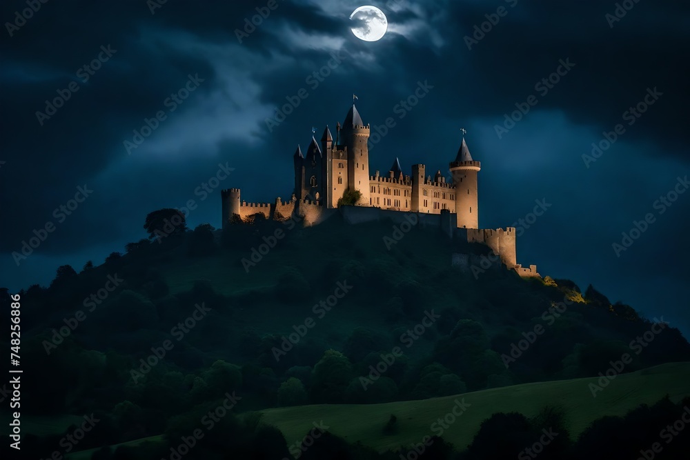Gothic castle on a hill, under a moonlit,