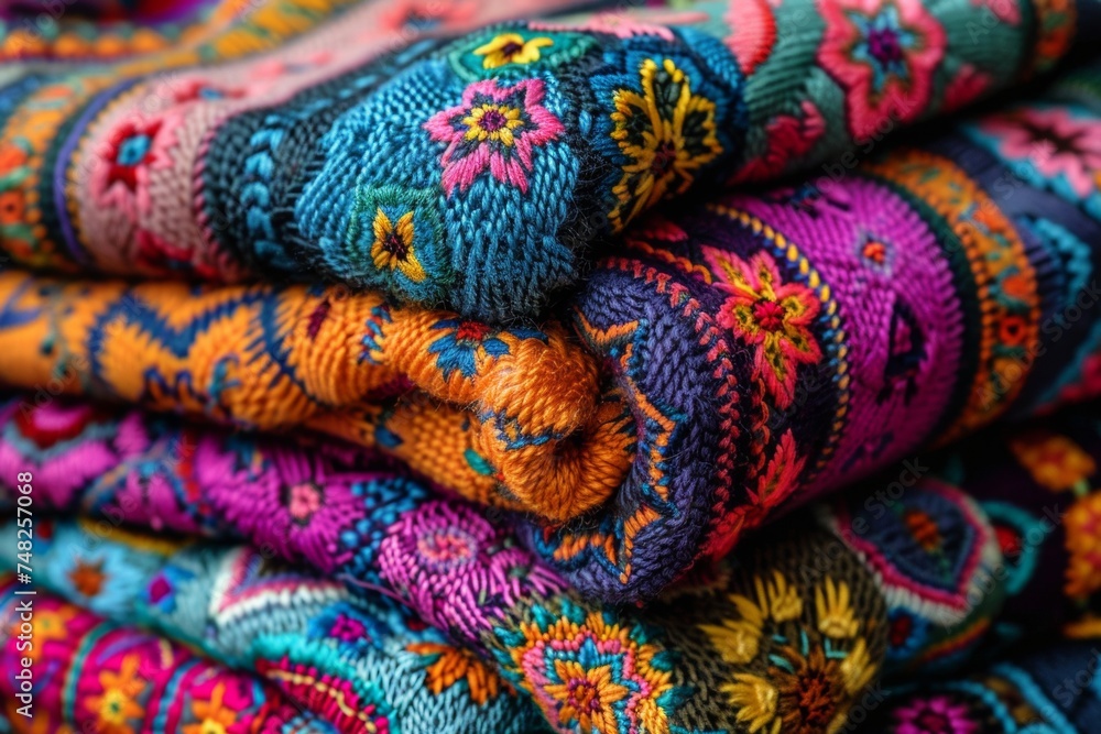 Vibrant stack of mexican huichol intricate folk embroidery sticker design in purple, magenta, and electric blue Vibrant stack of mexican huichol intricate folk embroidery sticker design in purple, magenta, and electric blue