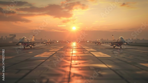 military fighter jet aircrafts parked on runway standby ready to take in sunset. AI generated illustration photo