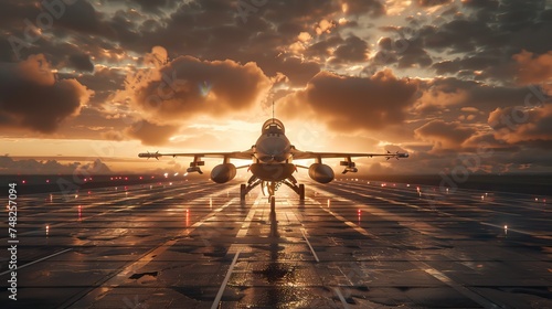 military fighter jet aircrafts parked on runway standby ready to take in sunset. AI generated illustration