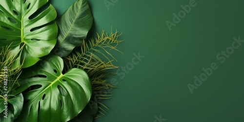 Tropical leaves pattern foliage, monstera leaves frame layout, background for summer banner,