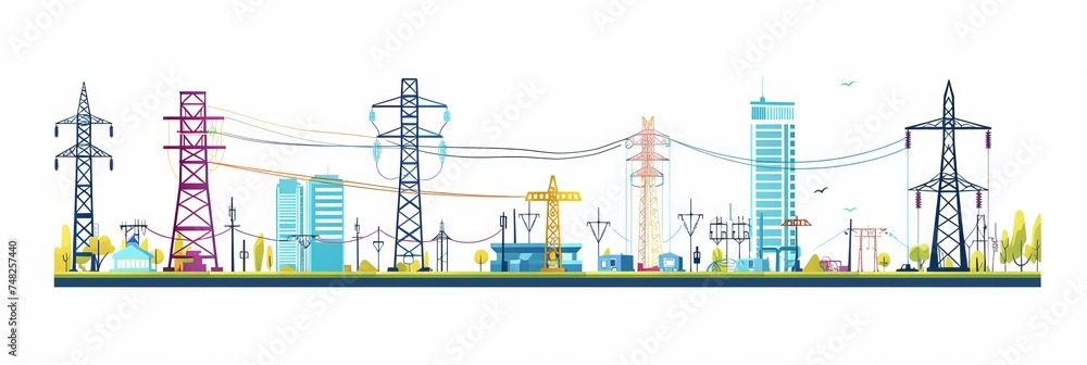 Set of high voltage electrical towers. Color flat vector illustration of power line network isolated on white background - obrazy, fototapety, plakaty 