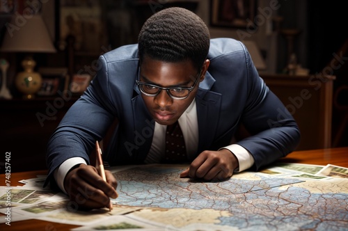 African American Searching Real Estate House On Map
