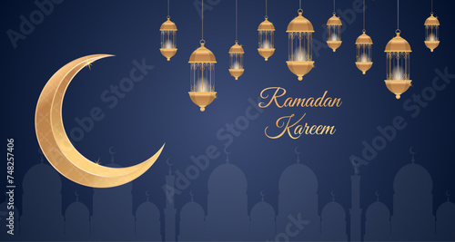 ramadan kareem islamic greeting card background vector illustration. Golden moon and lamp. design template illustration with 3d realistic golden lantern
