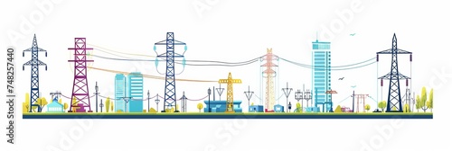 Set of high voltage electrical towers. Color flat vector illustration of power line network isolated on white background