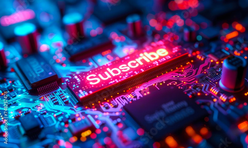 Illuminated Subscribe button on a vibrant circuit board, digital subscription concept, technology background, social media engagement, call to action photo