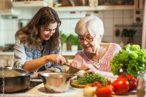 Elderly woman and young lady joyfully preparing a meal, surrounded by fresh ingredients.