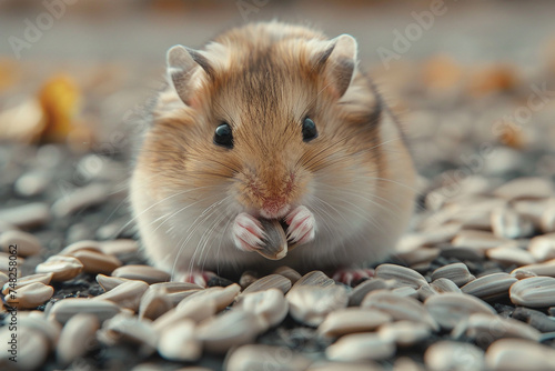 A cute brown hamster nibbling on a sunflower seed in its tiny paws.