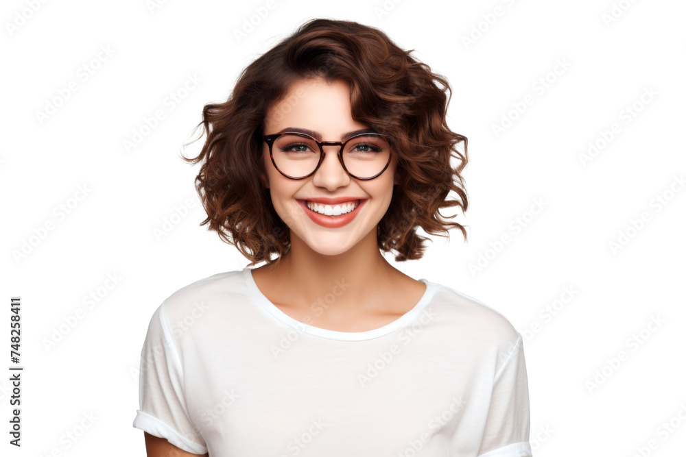 Fototapeta premium Studio portrait of a beautiful young Caucasian Americana business woman wear glasses and casual shirt with an attractive smile, isolated on transparent png background.