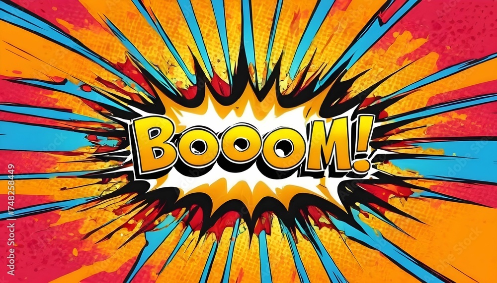 Fototapeta premium Colorful comic pop art boom explosion background, vibrant superhero theme sign frame, announcement created with generative ai 