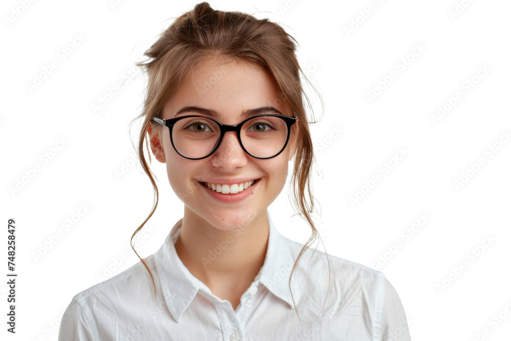 Fototapeta premium Studio portrait of a beautiful young Caucasian Americana business woman wear glasses and casual shirt with an attractive smile, isolated on transparent png background.