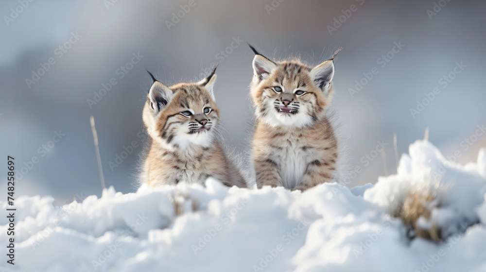  Lynx kittens comical expressions on snowy terrain