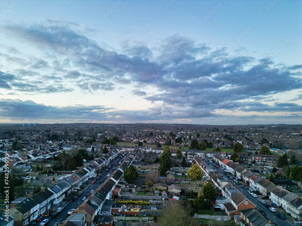 Best Aerial View of British City During Sunset. Luton,  England UK