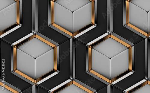 3D tiles made of white and black elements and gold with silver metal decor photo