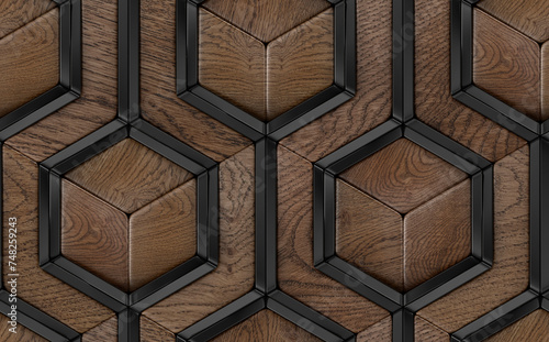 3D tiles made of precious wood elements and black decor elements photo