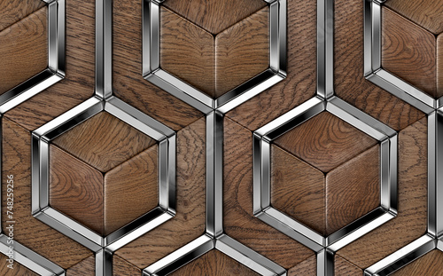 Luxury 3D tiles made of solid precious wood elements and silver chrome metal decor elements photo