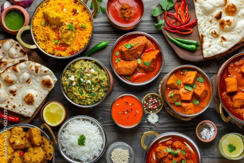 Traditional assortment of Indian dishes on the wooden table, top view.