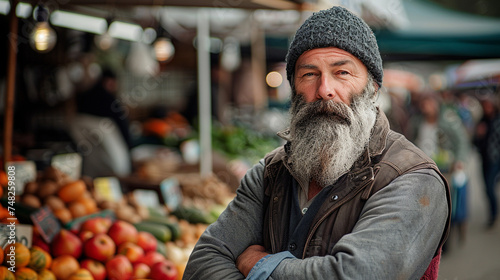Elderly Bearded Man Crossing Arms at Outdoor Market, Casual and Contemplative
