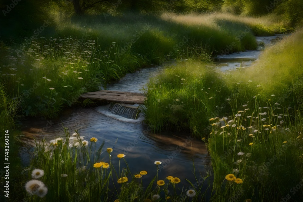 idyllic meadow scene with a gentle stream winding through it idyllic meadow scene with a gentle stream winding through it