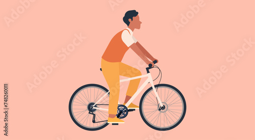 Young Man Ride a Bicycle for Healthy Wellness, Male Character on Bike, Eco-Friendly, Active Lifestyle and Transport Concept, Vector Flat Illustration Design