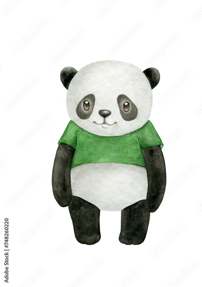 Naklejka premium Panda in green t-shirt in cartoon style. Watercolor illustration of a smiling baby bear isolated on transparent background.