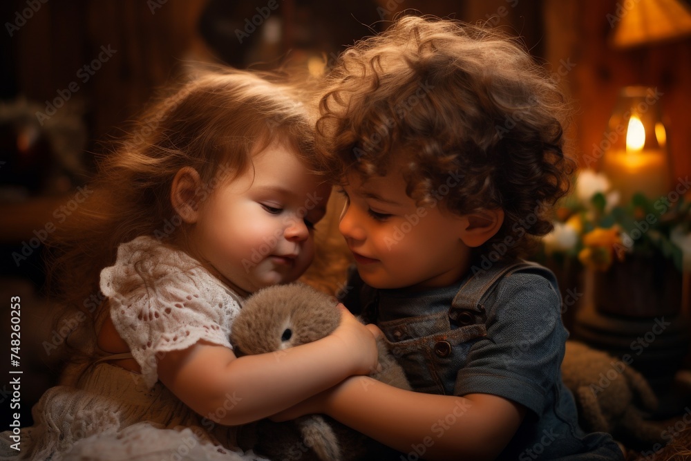 Brotherly Affection: Young Boy Hugging His Younger Sister Brotherly Affection: Young Boy Hugging His Younger Sister