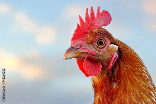 Headshot portrait of purebread hen chicken on sky background, bird fashion portrait. photo