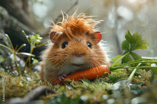 A funny guinea pig with a mohawk hairstyle and a carrot in its mouth.