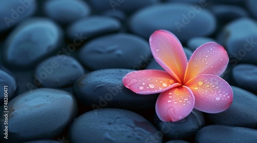 Frangipani flower on black spa stones  exotic relaxation  tropical health resort  self care concept  copy space for text.
