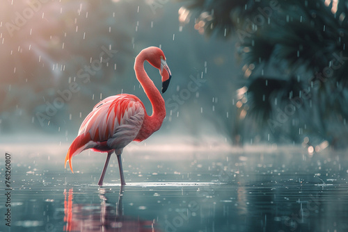 A graceful flamingo with a pink feather and a curved beak standing on one leg in a lake. photo