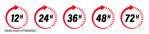 Hour timer icon collection with 12 hours, 24 hours, 36 hours, 48 hours and 72 hours vector logotype countdown stickers in red and black color - Vector Icon