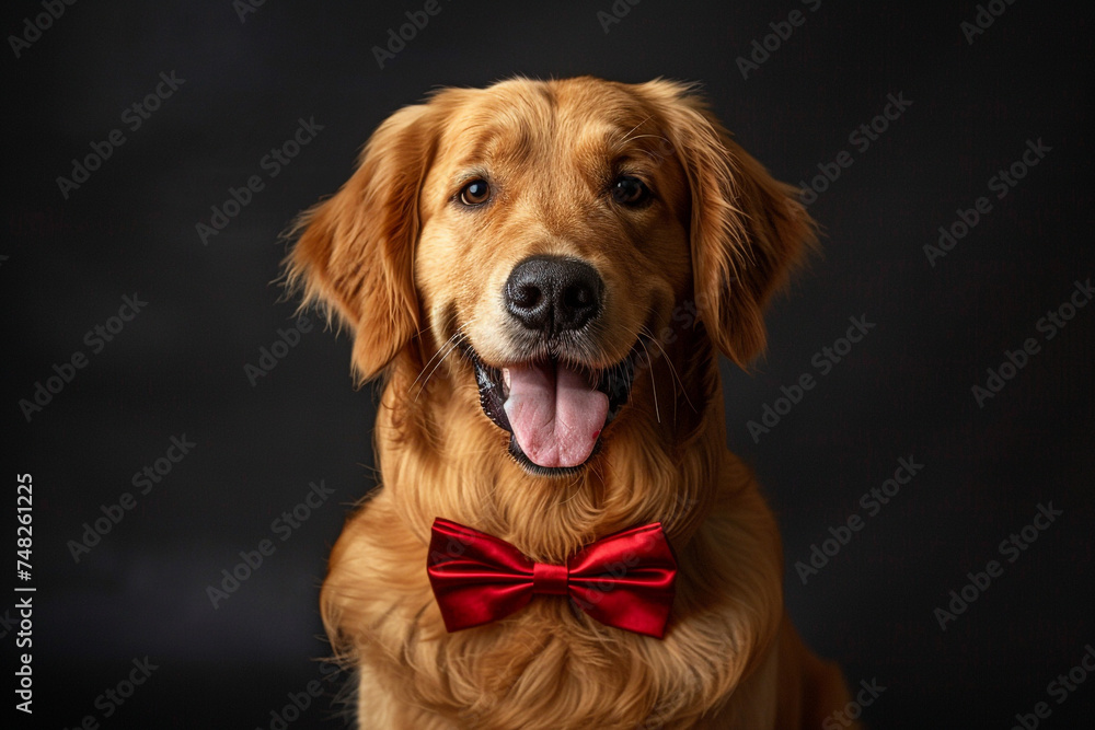 A handsome golden retriever wearing a red bow tie and smiling with its tongue out.