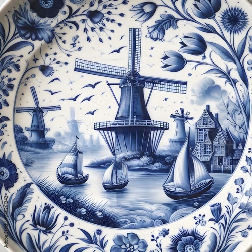 Delft Blue Ceramic Plate with Windmill Design photo