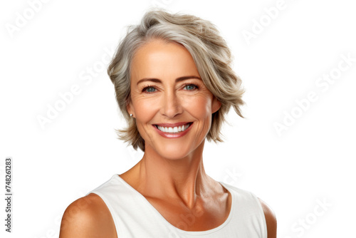 Studio portrait of a beautiful old mature Caucasian Americana woman in casual look with an attractive smile, isolated on transparent png background photo