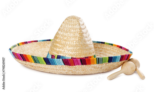 Mexican sombrero hat and maracas isolated on white